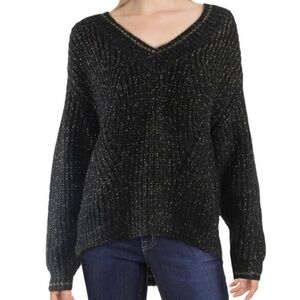 John + Jenn Black and Gold Metallic V-Neck Sweater